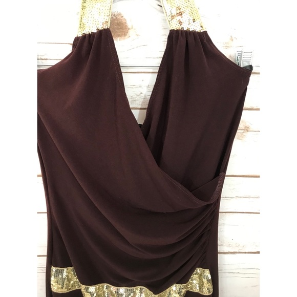 FORMAL DRESS WITH GOLD SHIMMER BELT & HALTER NECK - Picture 4 of 6